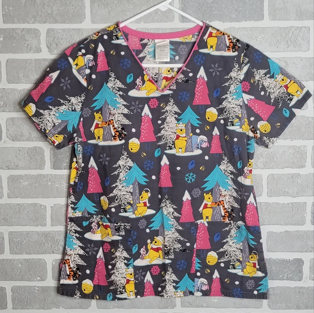 Disney Winnie-the-Pooh and Gang Winter Themed Scrubs Medical Women's Size S - Picture 1 of 11